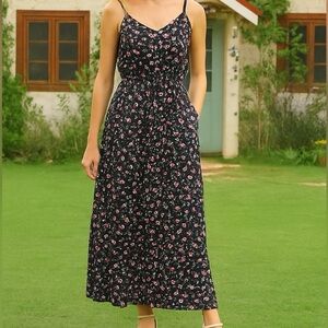 BTFBM Floral Maxi Dress | Black Red Flowers | Size M